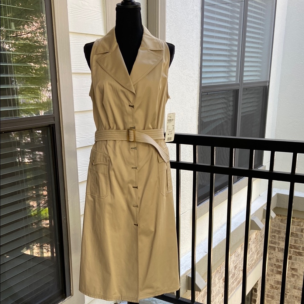 Tan Sleeveless Sheath Dress with Notched Collar